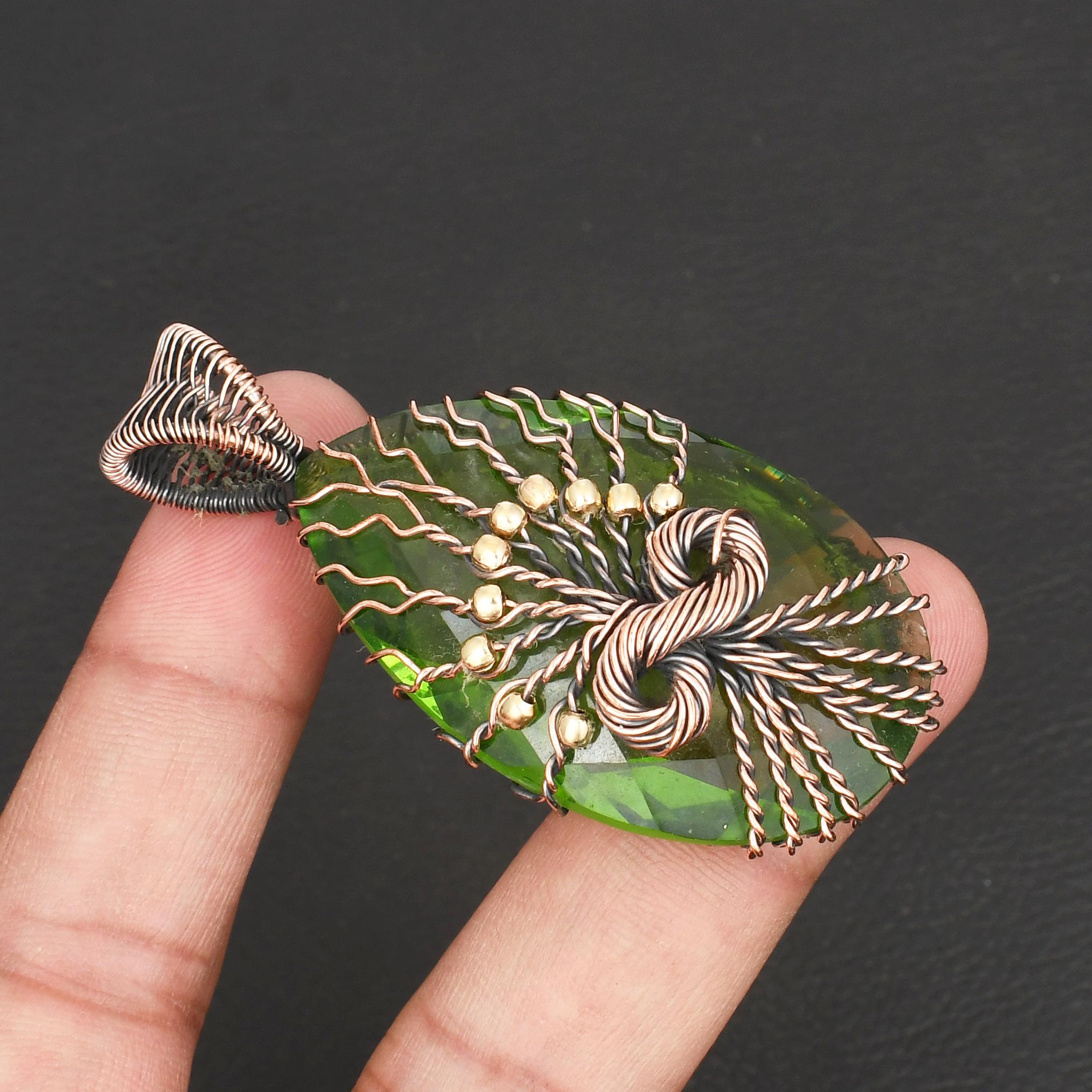 Handmade Wire Wrap Peridot GemStone Pendant Tree of Life Design Copper Jewelry Vintage Style Teardrop Crystal Necklace  Artisan Gemstone Pendant