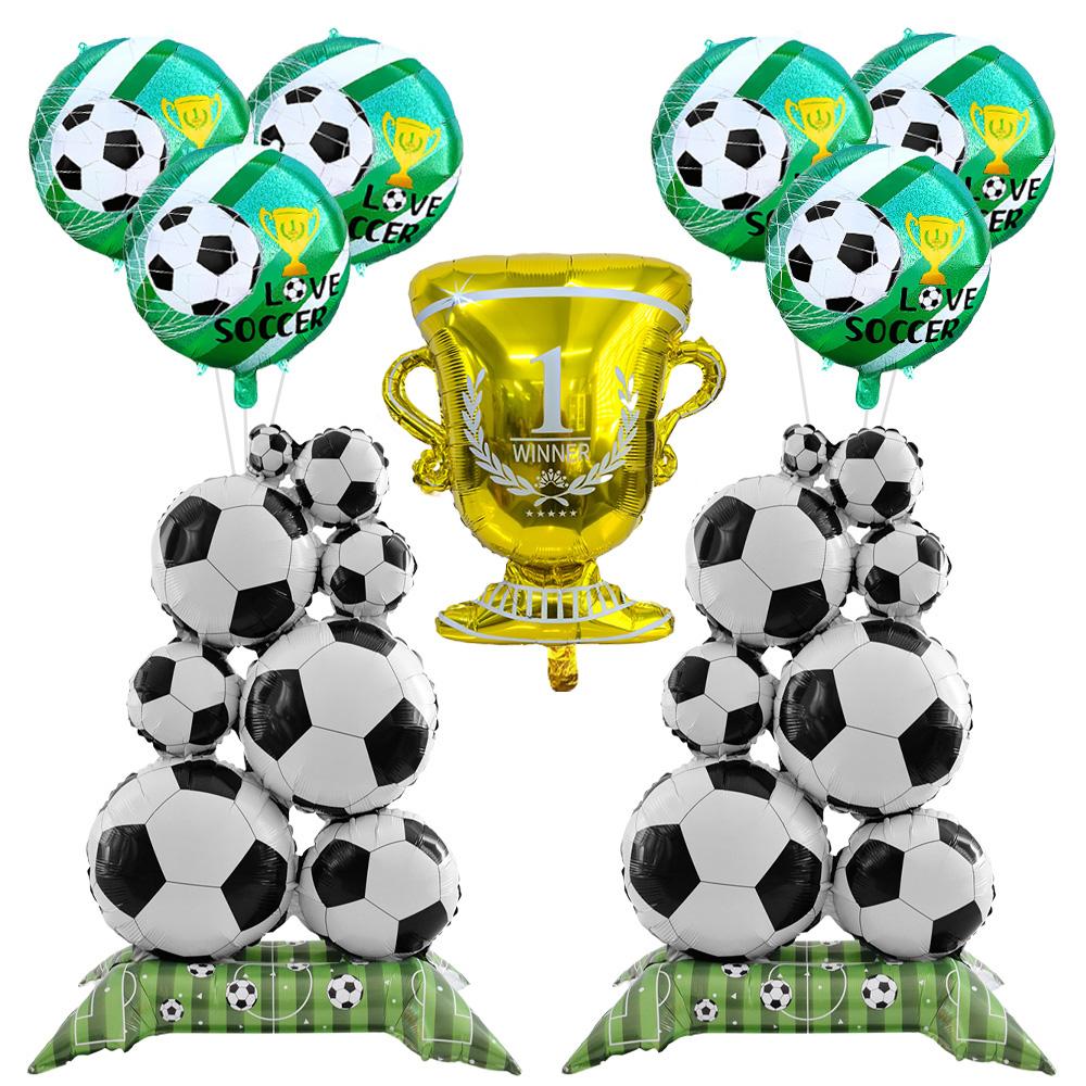 9Pcs Soccer Theme Foil Balloon Set, Standing Football Stack & Golden Champion Trophy Mylar Balloons, 18-Inch Round Soccer Balloon
