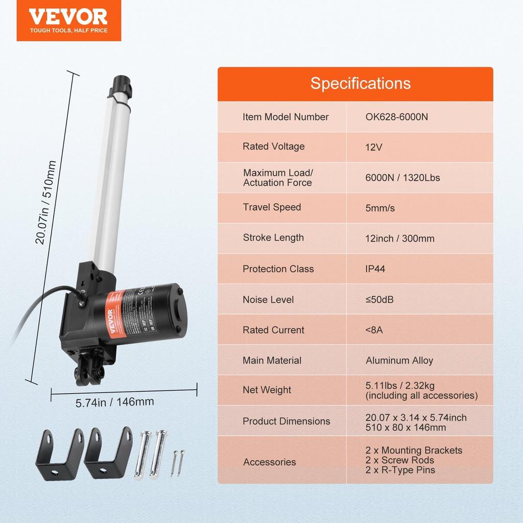 Linear Actuator 12V 12In Heavy Duty 1320lbs/6000N 0.19"/s IP44 Protection