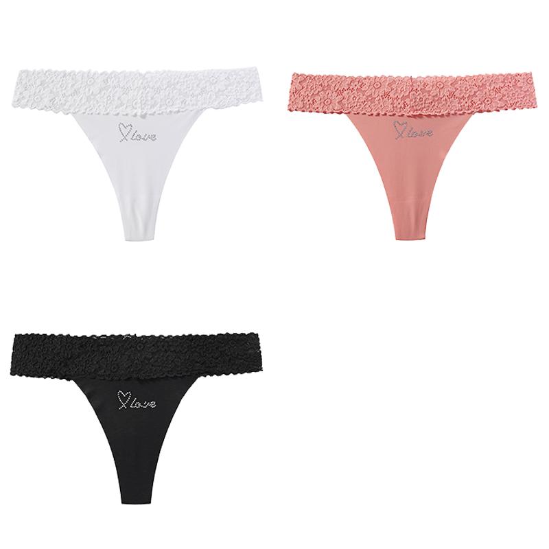 CINOON 3 Stück/Los Damen Sexy Niedrig geschnittener Tanga Spitze am Bund Nahtloser Slip Einfarbiger Leichter Atmungsaktiver Tanga