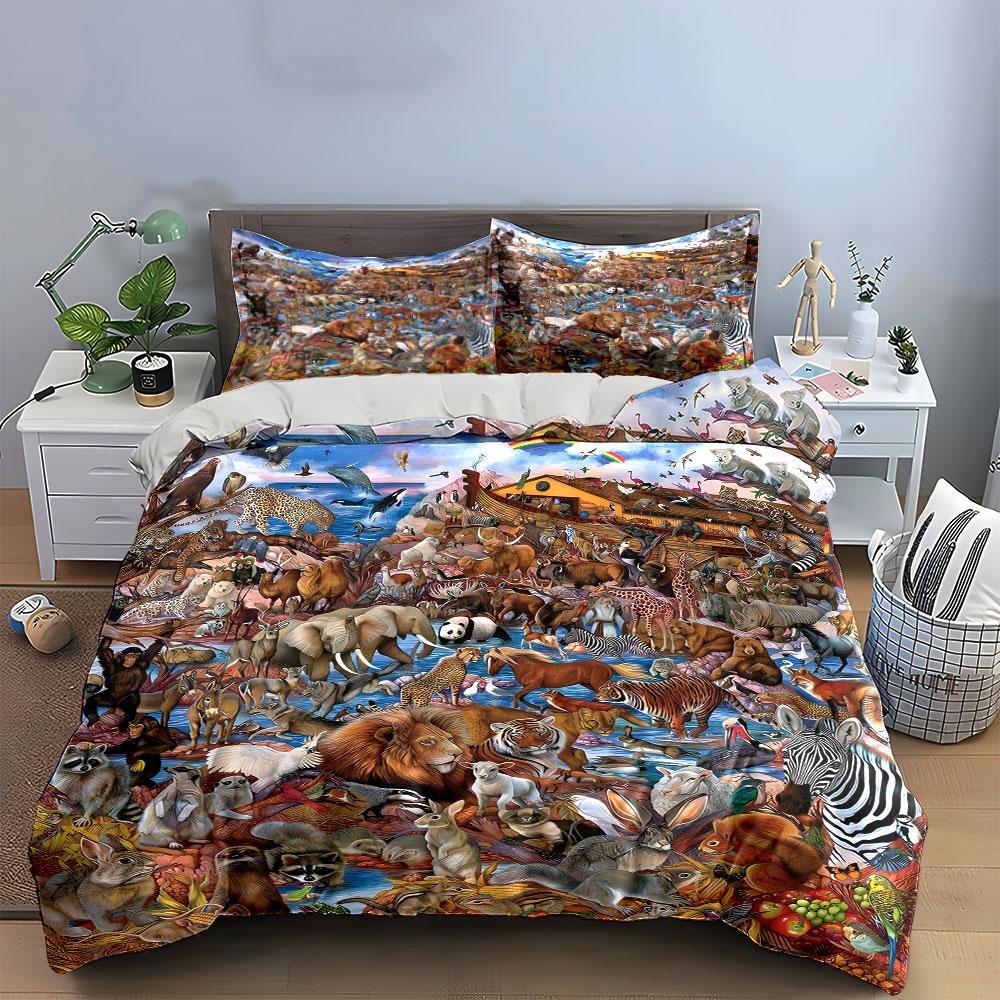 3Pcs Noah's Ark Animal Bedding Set, Colorful Jungle Animals on the Ark Print Duvet Cover + 2 Pillowcases, Kids' Biblical Decor