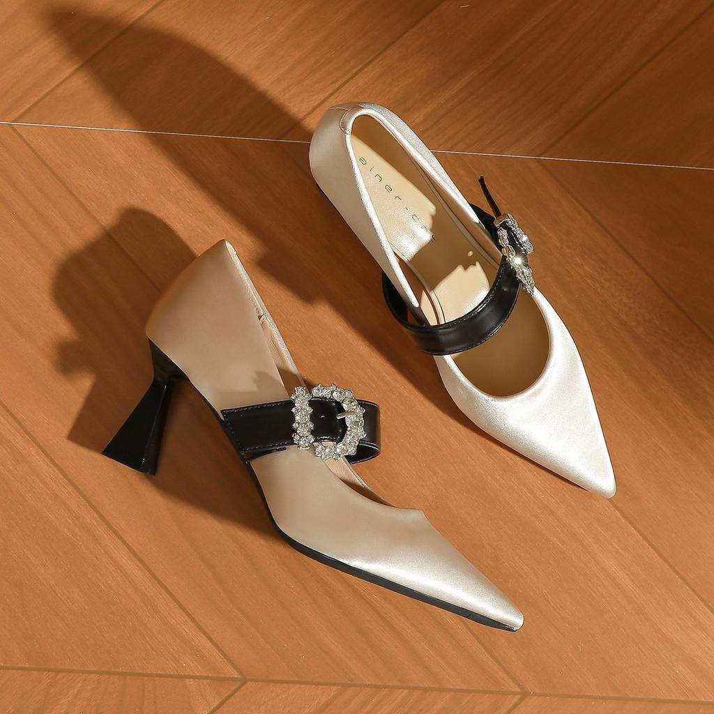 75337 [sheepskin] High Heels Women's Thin Heels 2025 New Pointed Rhinestones with Mary Jane Single Shoes