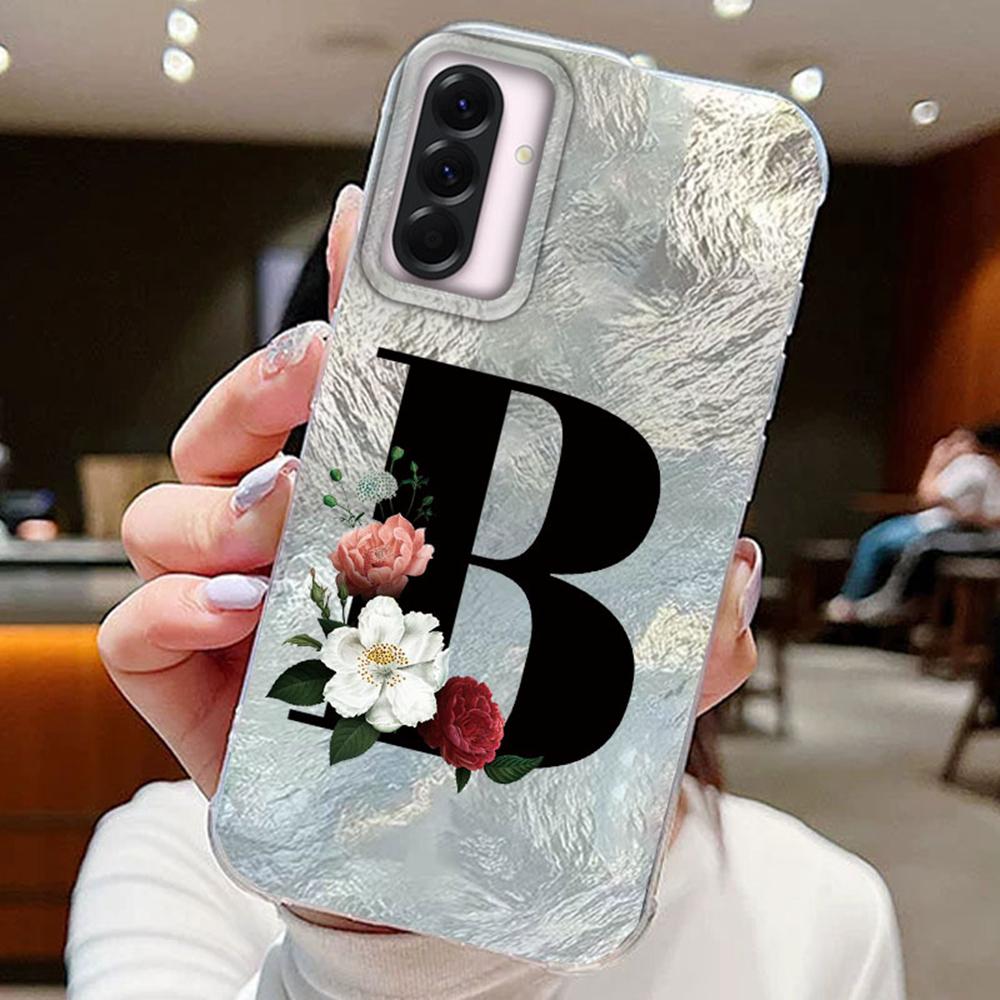 Black A-Z Letter Flower Laser Gradient For Samsung Galaxy A16 A36 A56 Phone Cases Cover Silicone Clear Soft Protect Back Bumper Hard PC Back Cover