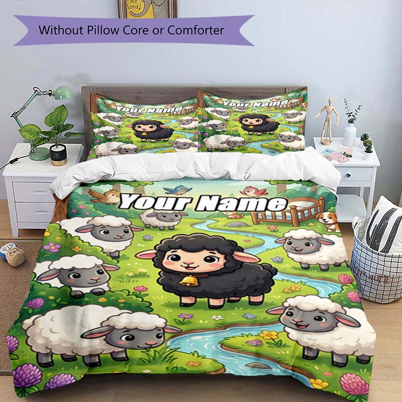 3PC Custom Name Sheep Garden Bedding Set Duvet Cover Closure Includes 1 Duvet Cover & 2 Pillowcases for Bedroom