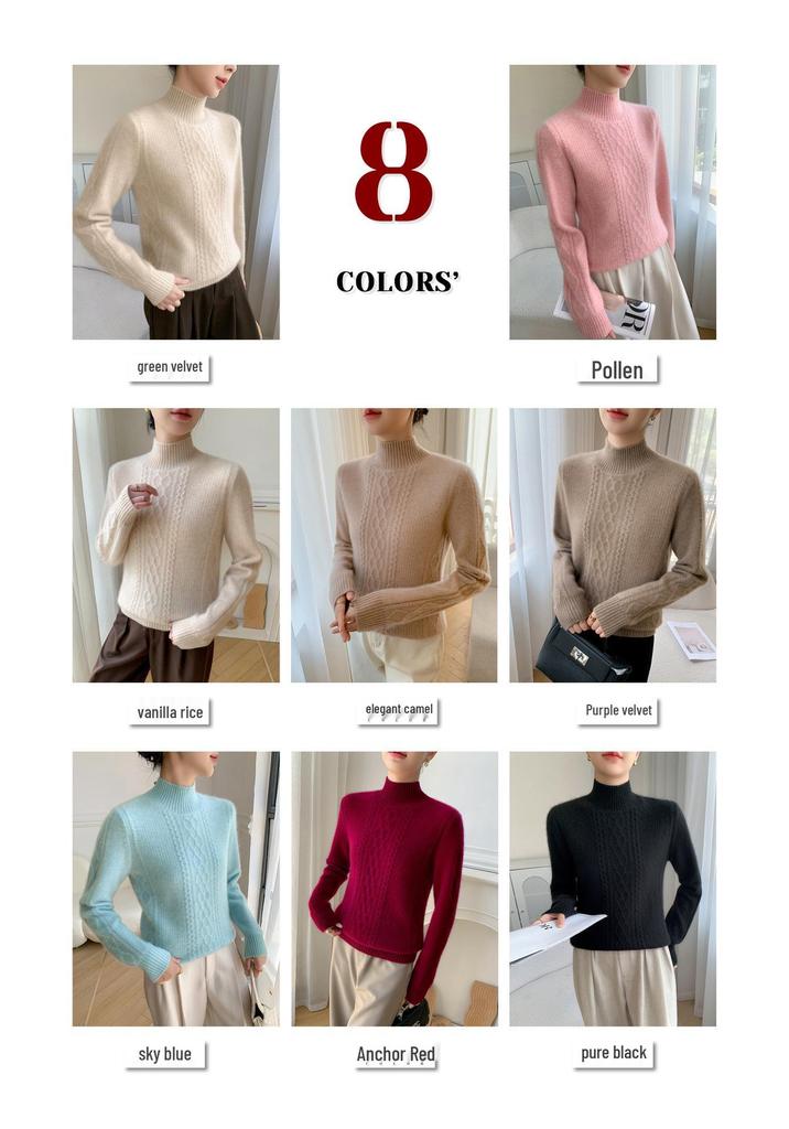 2025 Cashmere Sweater: Half-High Neck, Diamond Cable Knit, Long Sleeve, Loose Fit, Thickened Base Layer.