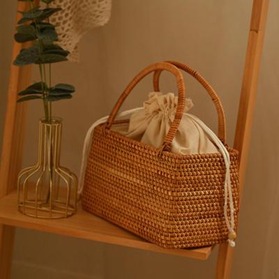 Bolsa de Mão de Rattan Tecida à Mão Estilo Boho Cesta de Piquenique
