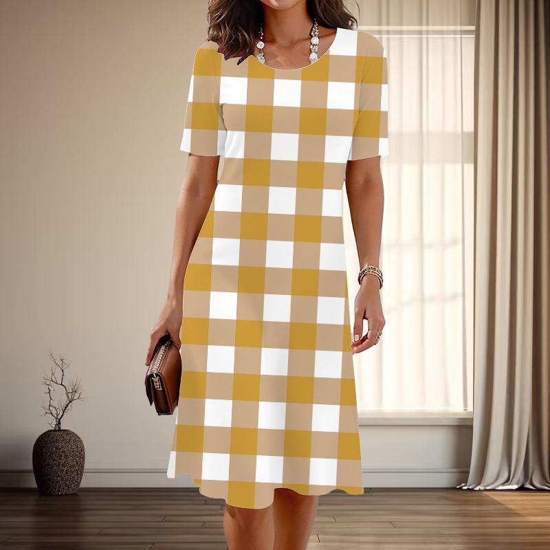 

Жіноча мода з витонченим сітчастим принтом, літо, весна, повсякденні сукні з короткими рукавами та круглим вирізом 2XL жовтий