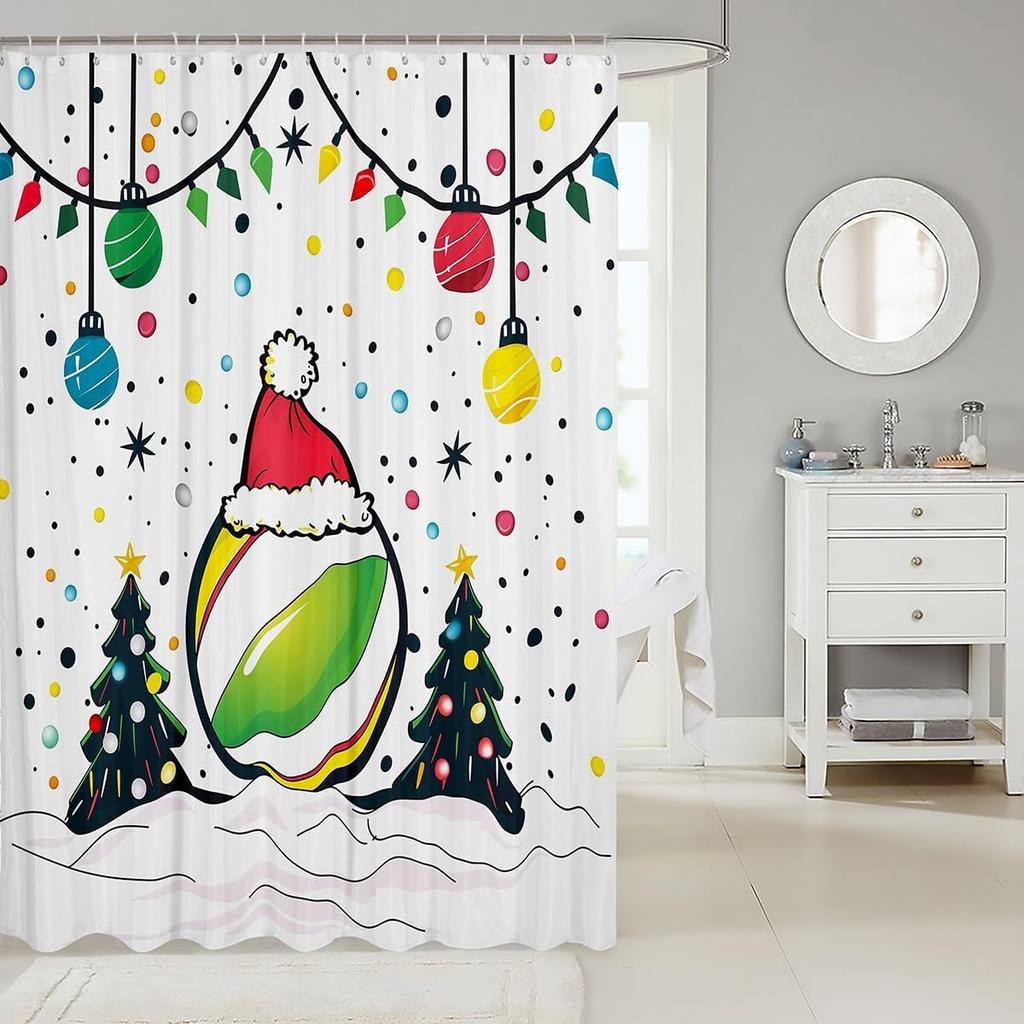 Christmas Ball Pickleball Shower Curtain with Xmas Tree Decorations, Waterproof Merry Holiday Bathroom Decor for Sports Theme