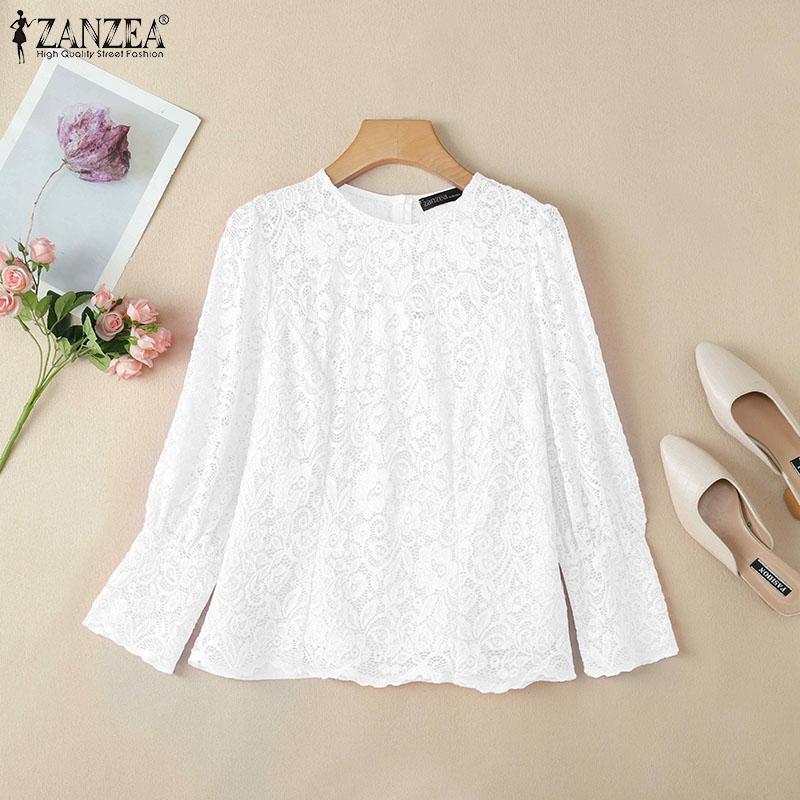 ZANZEA Womens Casual Hollow Out Lace Patchwork Loose Long Sleeve Blouse
