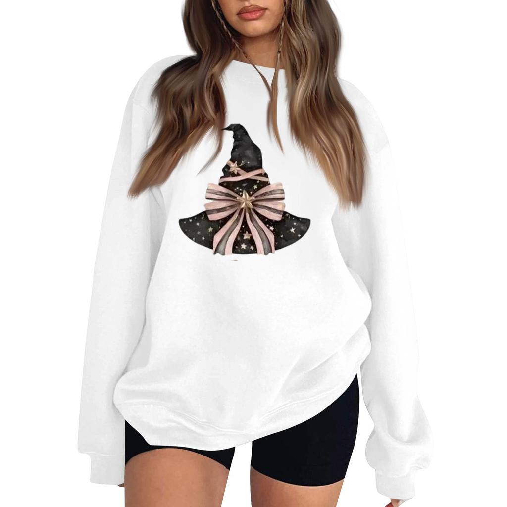 Women's Neck Long Sleeve Sweatshirt Casual Loose Fit Color Pullover with Halloween Print
