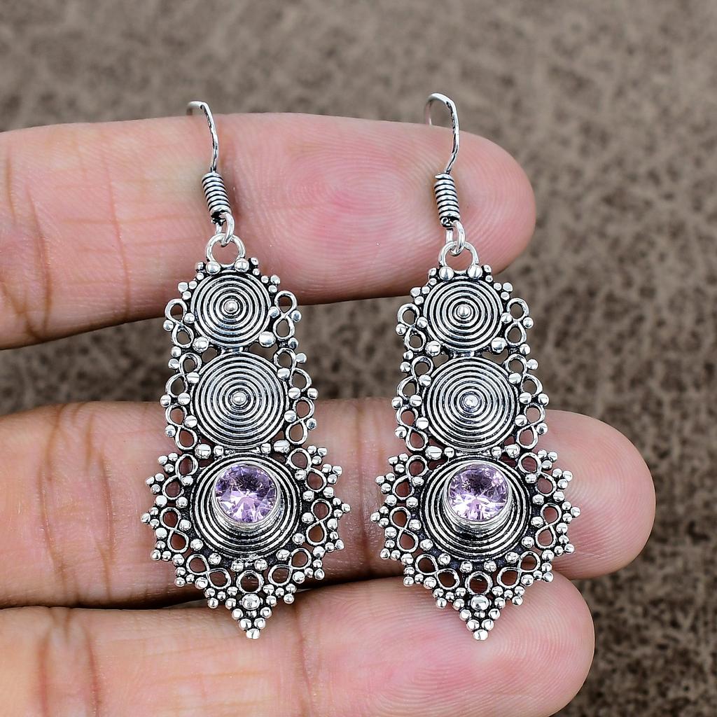 Pink Kunzite Gemstone Handmade 925 Sterling Silver Jewelry Earring 2.25" KKG-762