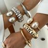 Exaggerated Wind Liquid Metal Pleated Bracelet, Fashionable Baroque Imitation Pearl Open Bracelet Jewelry Women