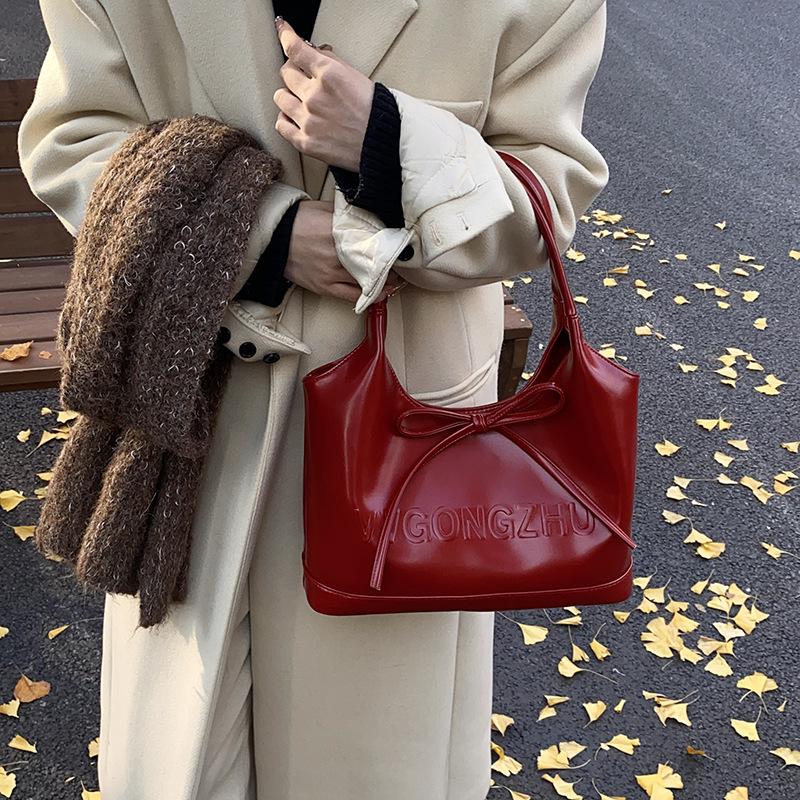 2025 New Retro Shoulder Messenger Big Bag Casual Texture Fashionable Simple Large Capacity Bow Tote Bag Women