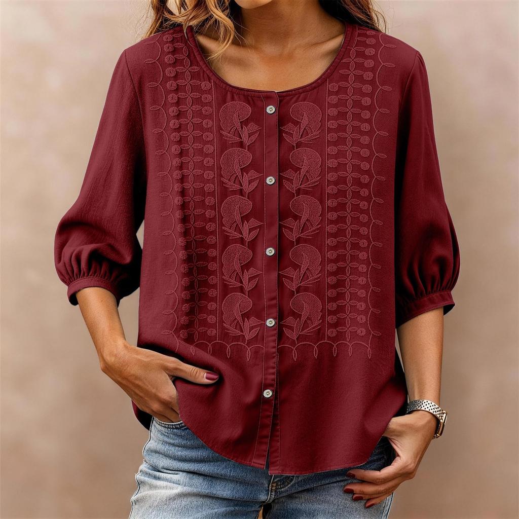 Womens 34 Sleeve Button Down Blouse with Embroidered Floral Pattern Loose Fit Casual Top for Everyday Wear