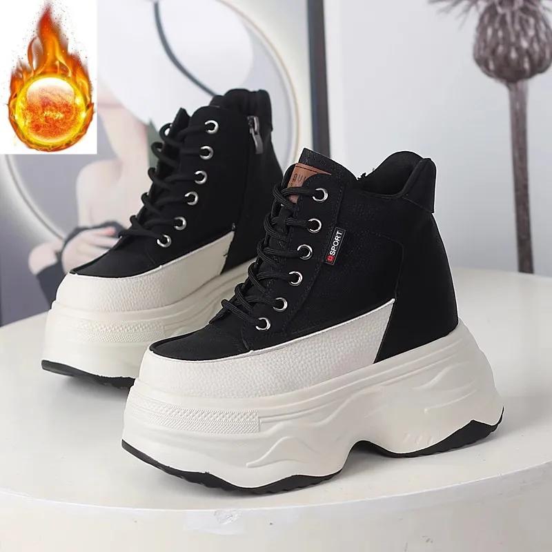 Fashion 12CM British Genuine Leather Ladies Platform Wedge Ankle Winter Plush Booties Autumn Spring High Brand Women Cowboy Shoes