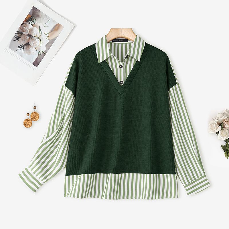 

ZANZEA Женская блузка с отложным воротником, длинным рукавом, в полоску XL зелёный