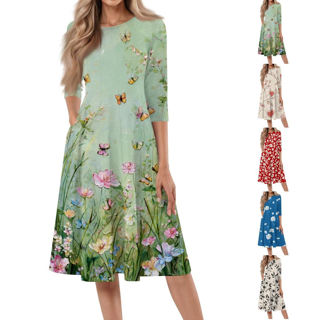 Women's Casual Floral Print Midi Dress Three Quarter Sleeve Round Neck Loose Fit Comfortable Everyday Dress with Pockets