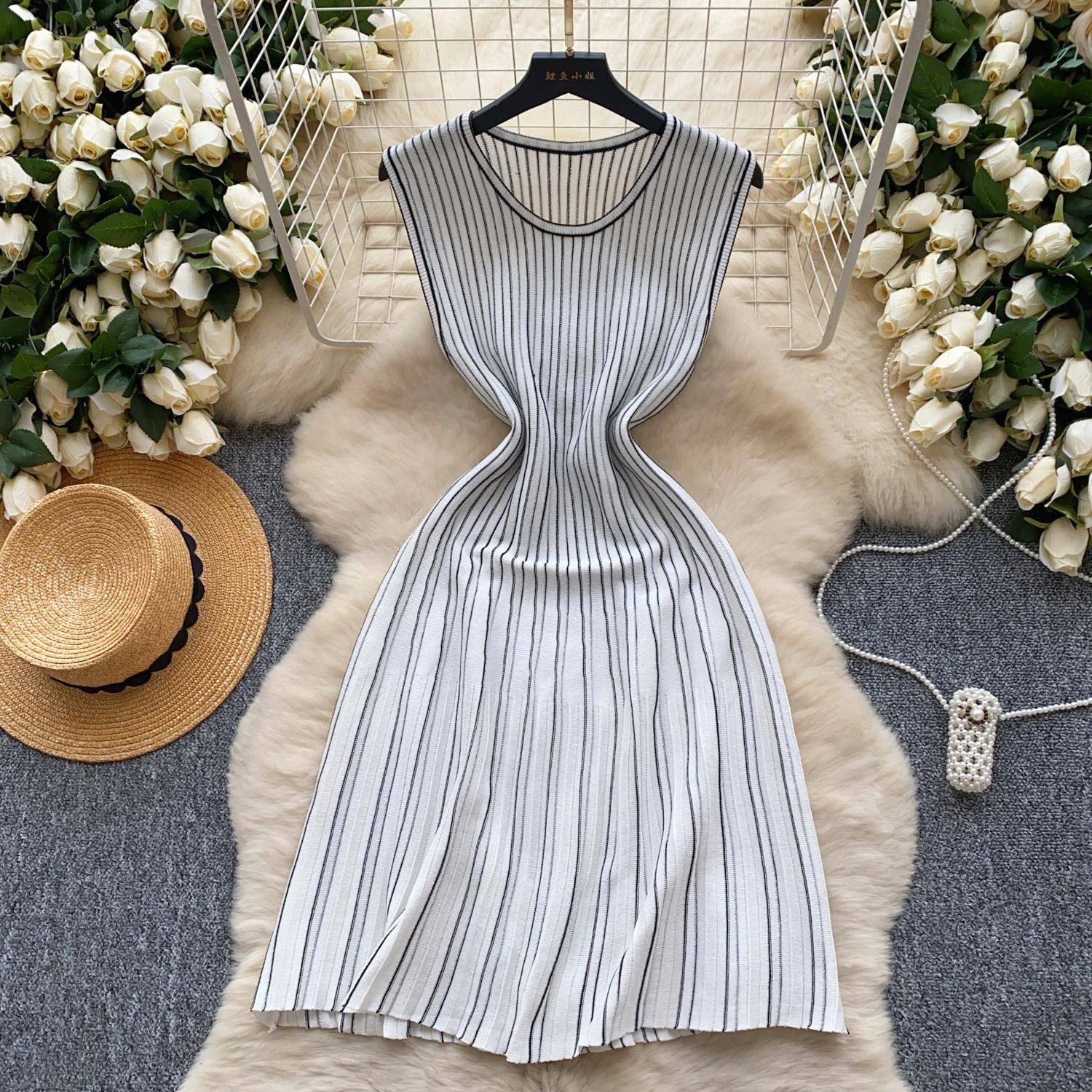 

Hotsweet O-образный вырез в полоску повседневные без рукавов шикарные трикотажные облегающие платья трапециевидной формы платья французские офисные женские платья для улицы One Size белый