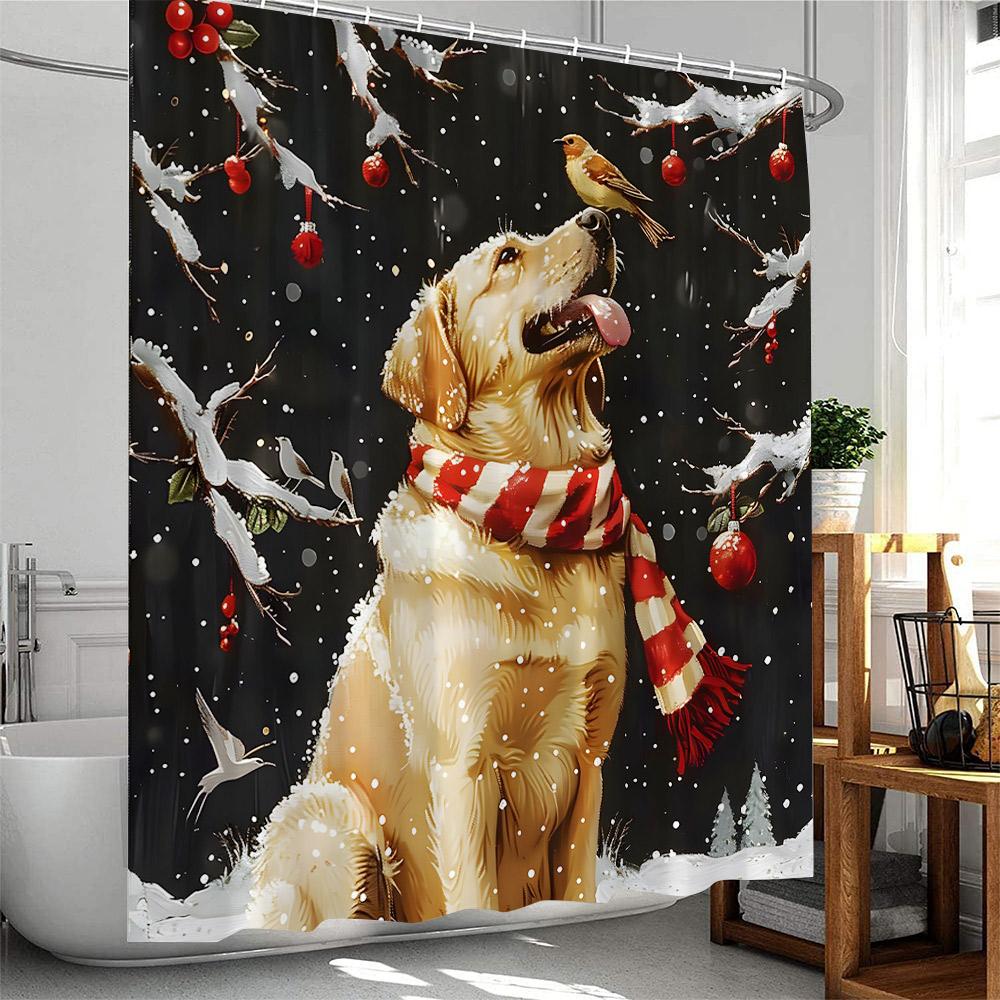 Christmas Shower Curtain Dogs with Xmas Hat Winter Holiday Red Truck Pine Tree Snow Scenery Bathtub Decor Polyester Bath Curtain