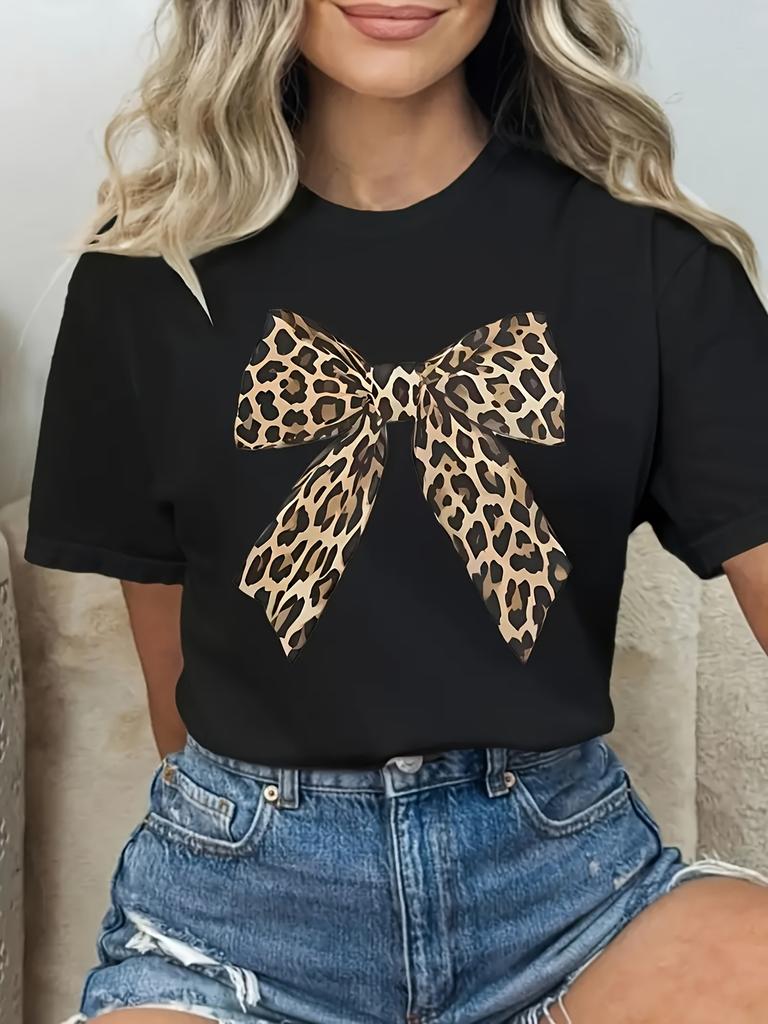 Women's Leopard Print Bow T-Shirt Stylish Short Sleeve Round Neck Top Black with Oversized Leopard Bow Design Casual Summer Tee