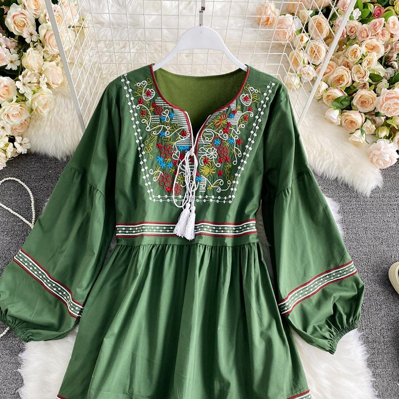 RUGOD Vestido largo con cordones y borlas con cuello en V y bordado étnico Retro para viajes y vacaciones vestido largo de temperamento de moda de manga larga