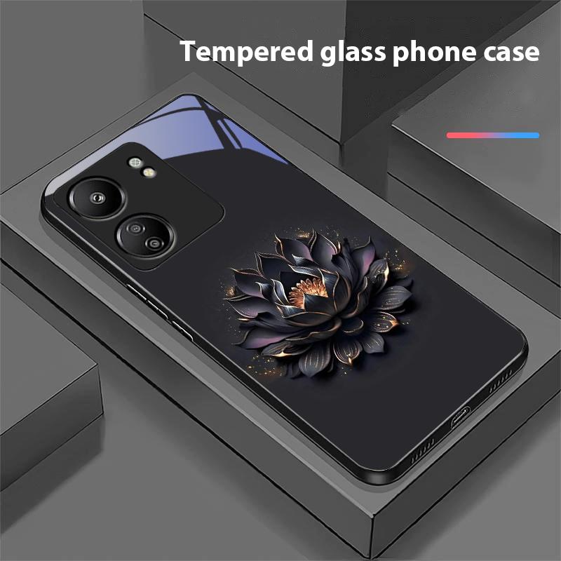 Leuchtender Schwarzer Lotus Für Xiaomi Redmi 13C Note13 12 Pro Plus 5G Note 9 13T Pro POCO X6 F5 F6 Schwarze Handyhülle aus gehärtetem Glas