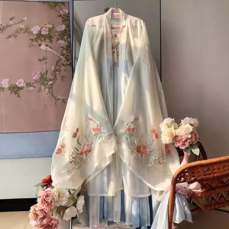 Womens Tang Dynasty Style Hanfu Set Embroidered Wide Sleeve Top High-Waisted Skirt Daily Wear Pink Blue