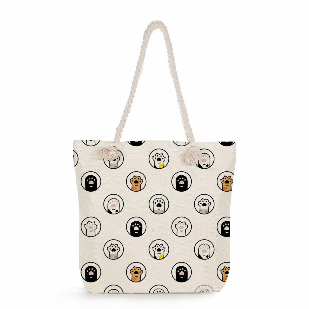 Multifunctional Dog Paws Printed Thick Rope Shoulder Beach Bag Casual Large Capacity Handbag 7601