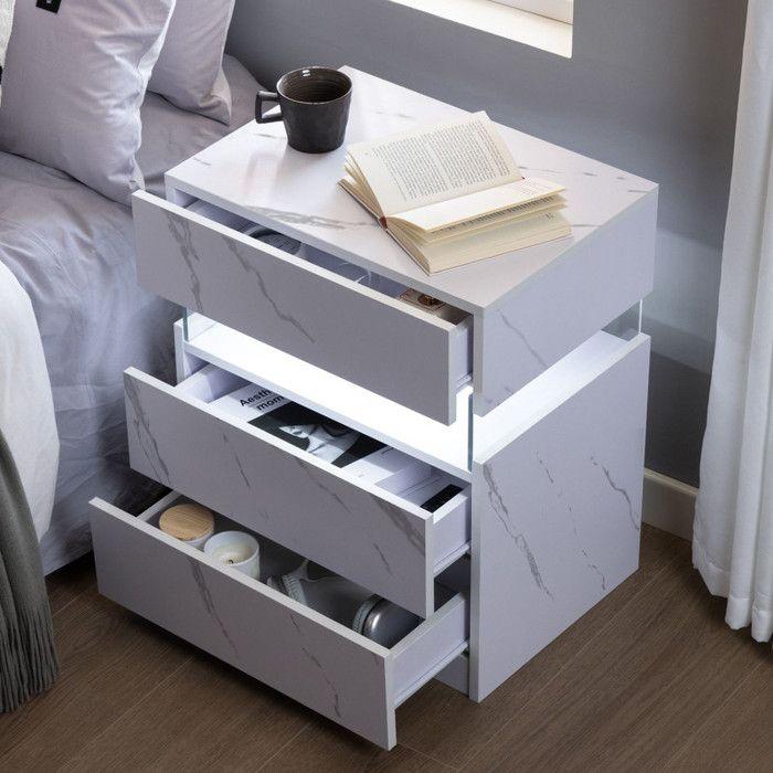 Table De Nuit LED - MUVOE - 3 Tiroirs - Panneau Acrylique - Éclairage Multicolore - Design Contemporain