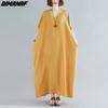 DIMANAF 2021 Plus Size Women Dress Bohemian Beach Korean Style Summer Sundress Solid Maxi Dress Loose Design Casual Long Dress