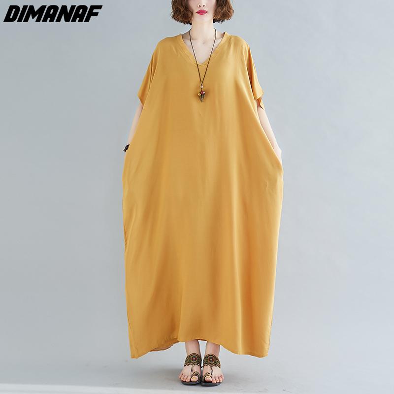 DIMANAF 2021 Plus Size Women Dress Bohemian Beach Korean Style Summer Sundress Solid Maxi Dress Loose Design Casual Long Dress