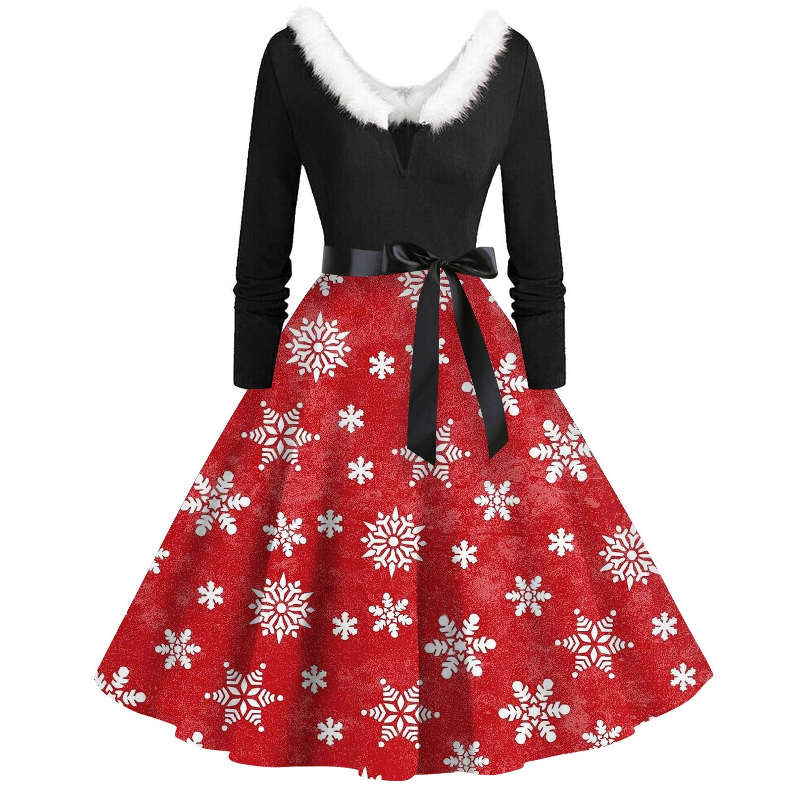 

Женское повседневное и модное платье с длинными рукавами и V-образным вырезом с рождественским принтом на молнии XXXXXL киноварь