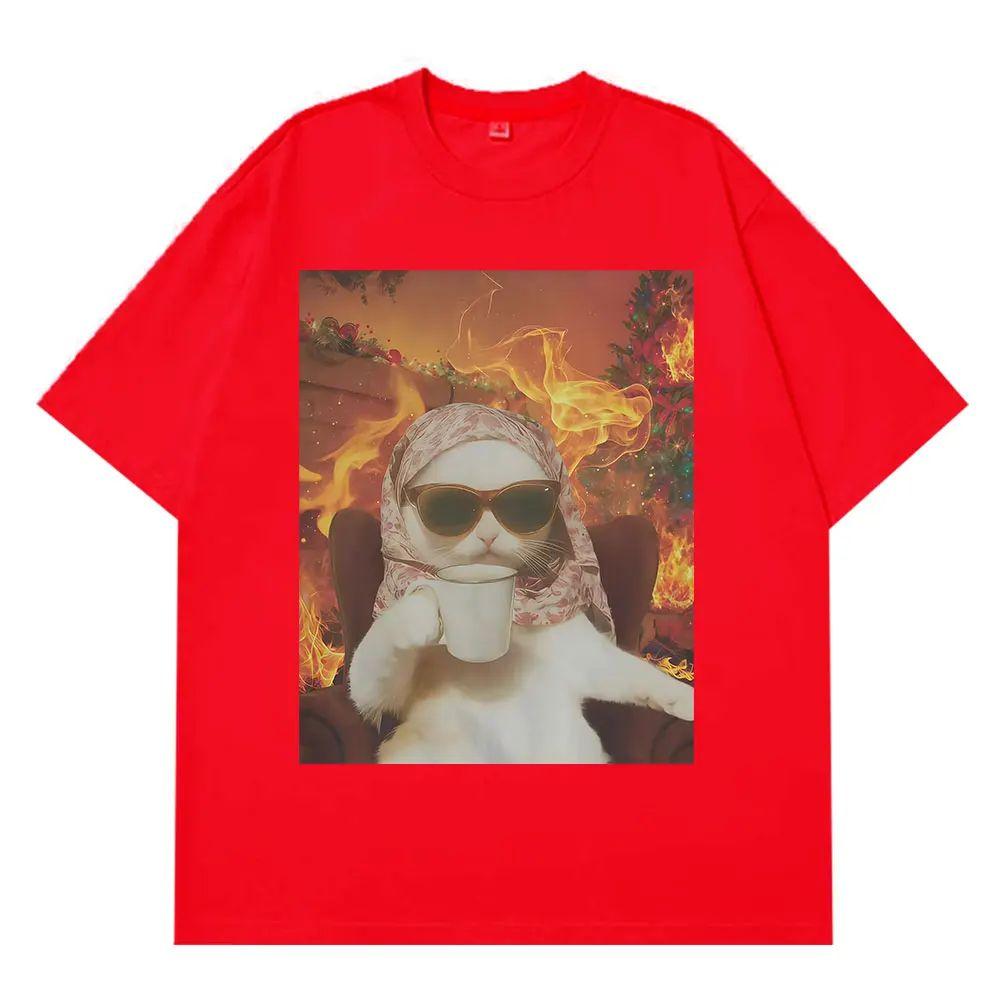 Hiphop Tops I Chill Cat Xmas Funny Cat Meme Tshirt Casual Loose Tshirt Summer Aesthetic Fashion Print Tshirts Unisex