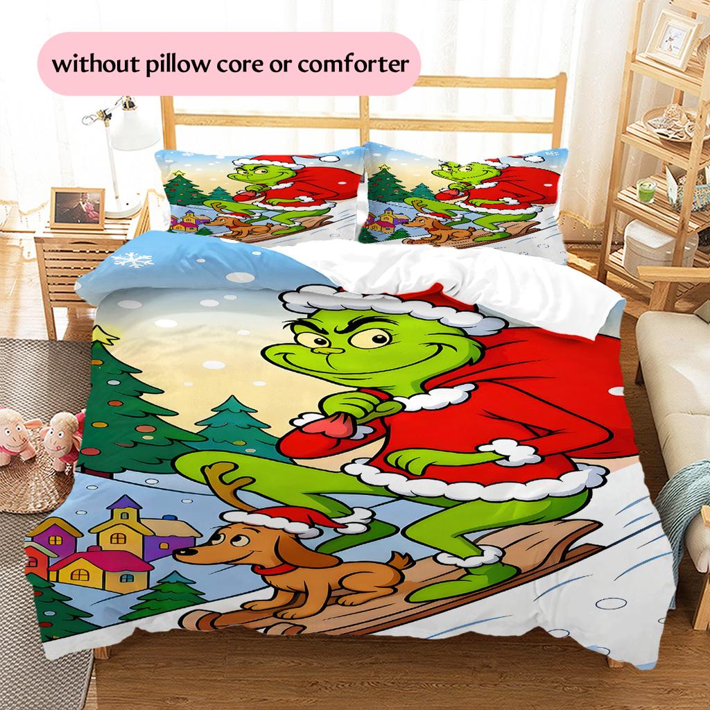 1 Stück Grinch-Muster Bettwäsche Steppdecke Set Bettbezug Kissenbezug Heimdekoration Geburtstagsgeschenk (1 Bettbezug + 2 Kissenbezüge, ohne Füllung)