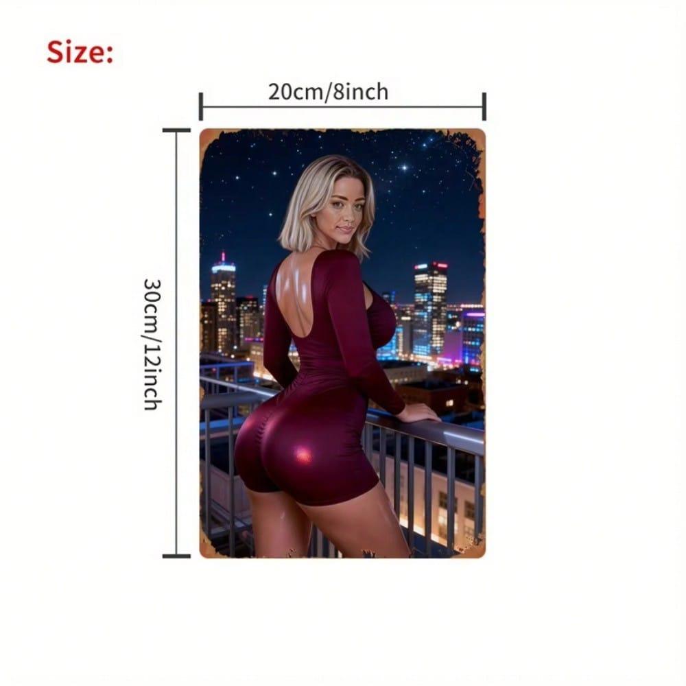 Sexy Woman Silhouette Night City Skyline Metal Poster Wall Art for Living Room
