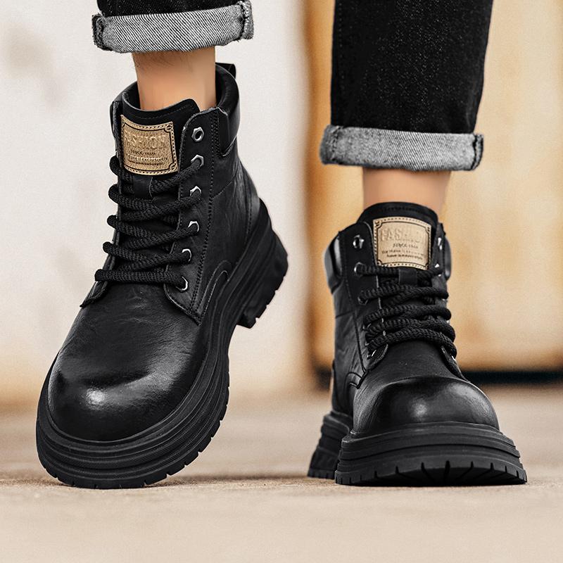 2024 Trend Mens Leather Boots High Quality Casual Mens Ankle Boots Lace-up Business Outdoor Non-Slip Thick Sole Mens Boots