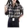 Camisa Xadrez Azul Marinho Escovado Estilo Coreano 2025 para Mulheres - Jaqueta Casual Solta de Manga Longa Outono/Inverno