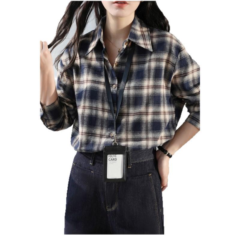 Camisa Xadrez Azul Marinho Escovado Estilo Coreano 2025 para Mulheres - Jaqueta Casual Solta de Manga Longa Outono/Inverno