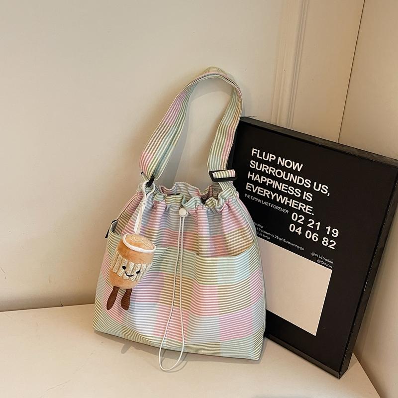 Striped Plaid Bucket Bag Women's Shoulder Bag Color Block Tote Bag