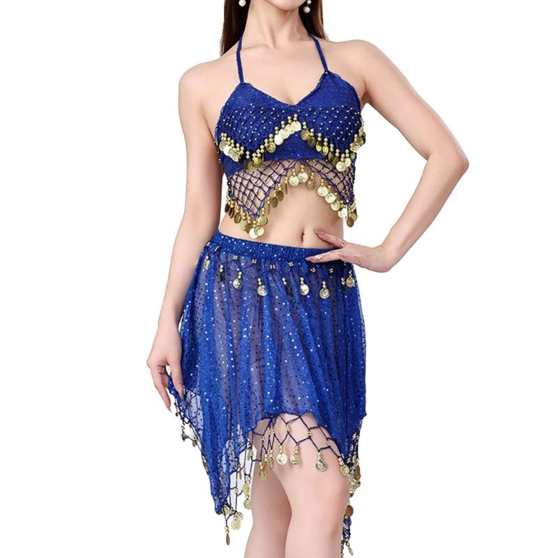 2Pcs Belly Dance Costumes Set for Women Girls Belly Dance Bra Tops and Coins Short Skirt Belly Dancer Outfits Gifts