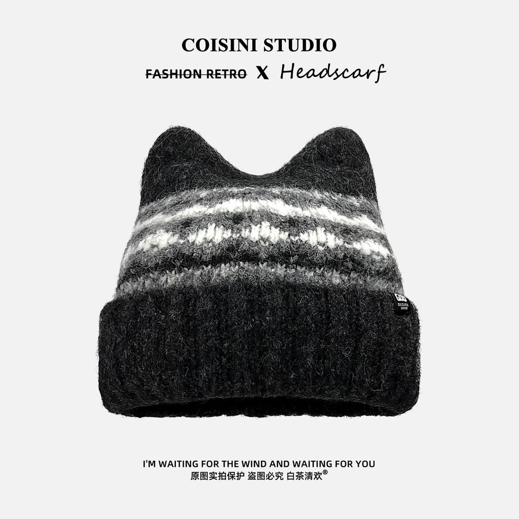 New Retro Fair Island Wind Jacquard Knitted Wool Hat Women's Winter Velvet Warm Cute Ear Cold Hat