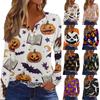 Women's Long Sleeve V-Neck T-Shirt with Button and Halloween Print Casual Top