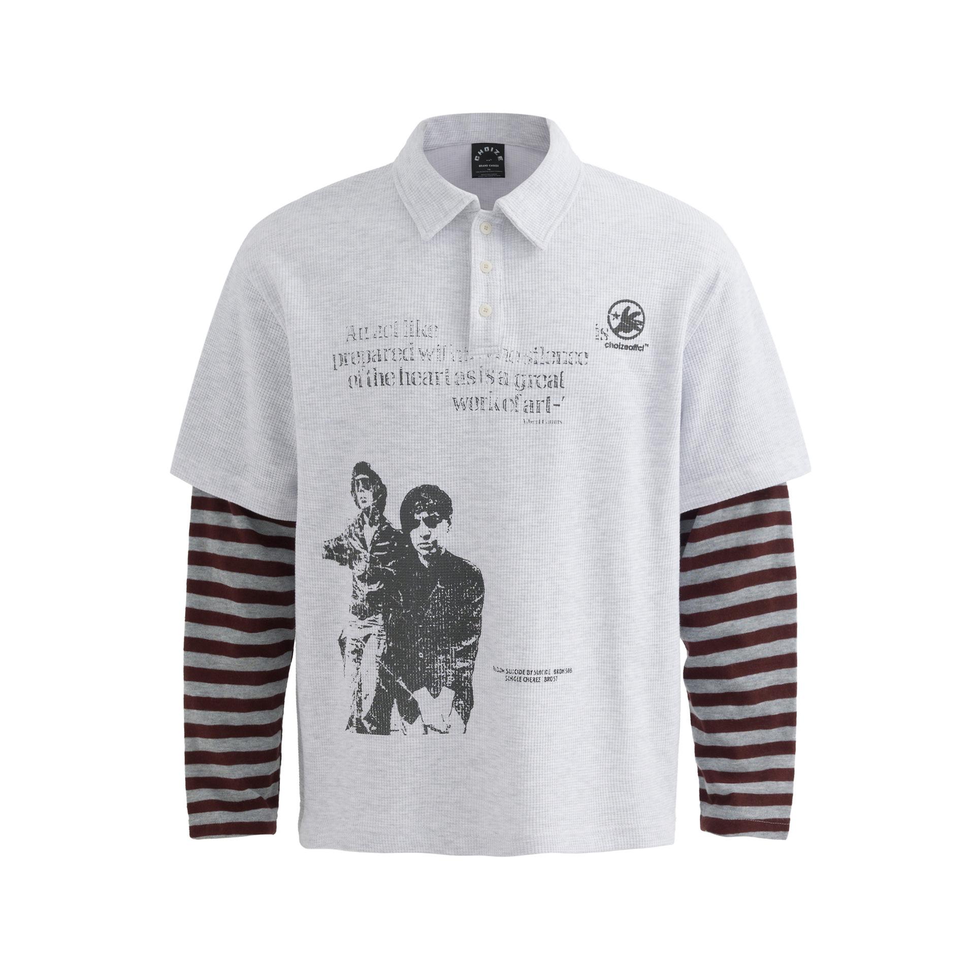 Men s autumn American jersey lapel sweatshirt fake two-piece striped polo shirt sweater M