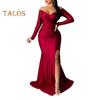 Lady Evening Dress V Neck Off Shoulder Side Slit Floor Length Long Sleeves Pleated Slim Fit Maxi Dress Ball Gown Banquet Party Dress