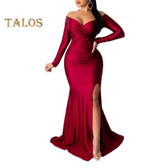 Lady Evening Dress V Neck Off Shoulder Side Slit Floor Length Long Sleeves Pleated Slim Fit Maxi Dress Ball Gown Banquet Party Dress