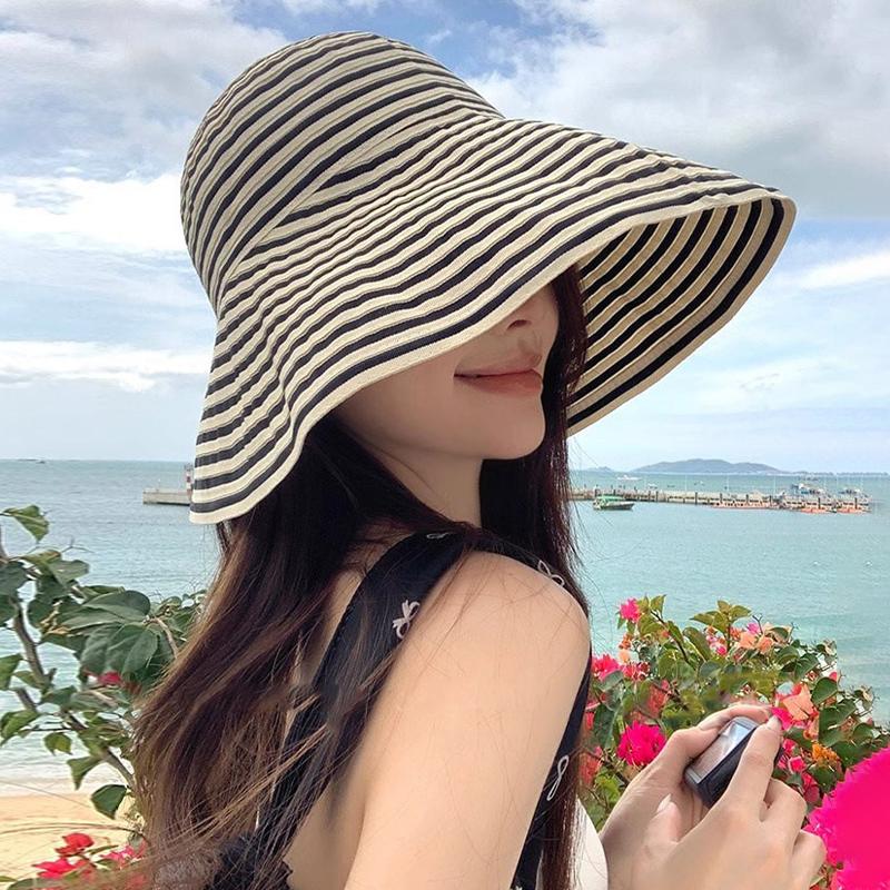 2026 Summer Versatile Foldable Color-Blocked Striped Wide-Brimmed Sun Hat For Beach Vacations And Sun Protection