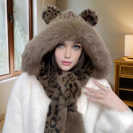 Winter Hat Leopard Print Imitation Fox Fur Windproof Hat Cold Weather Warm Ear Protection