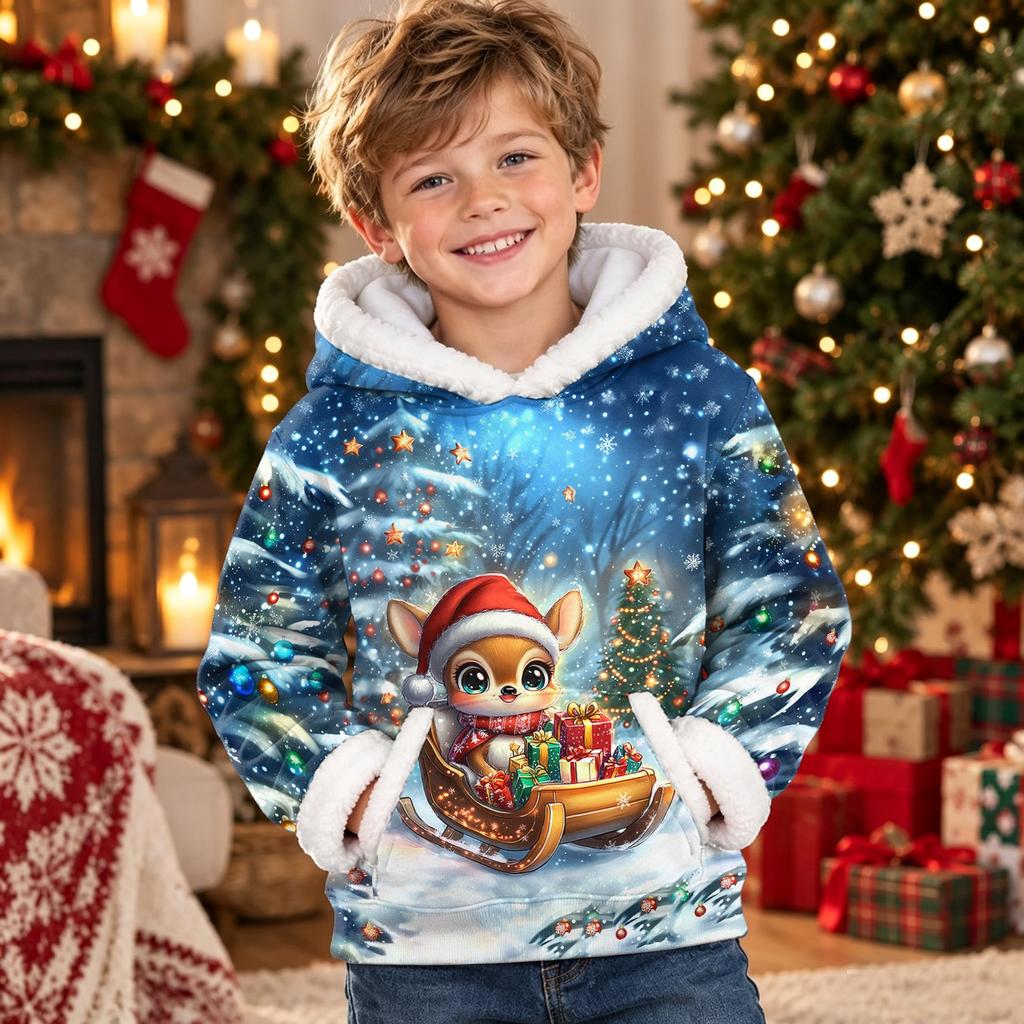 Kids Long Sleeve Christmas Print Hoodie Casual Pullover Sweatshirt for Boys and Girls