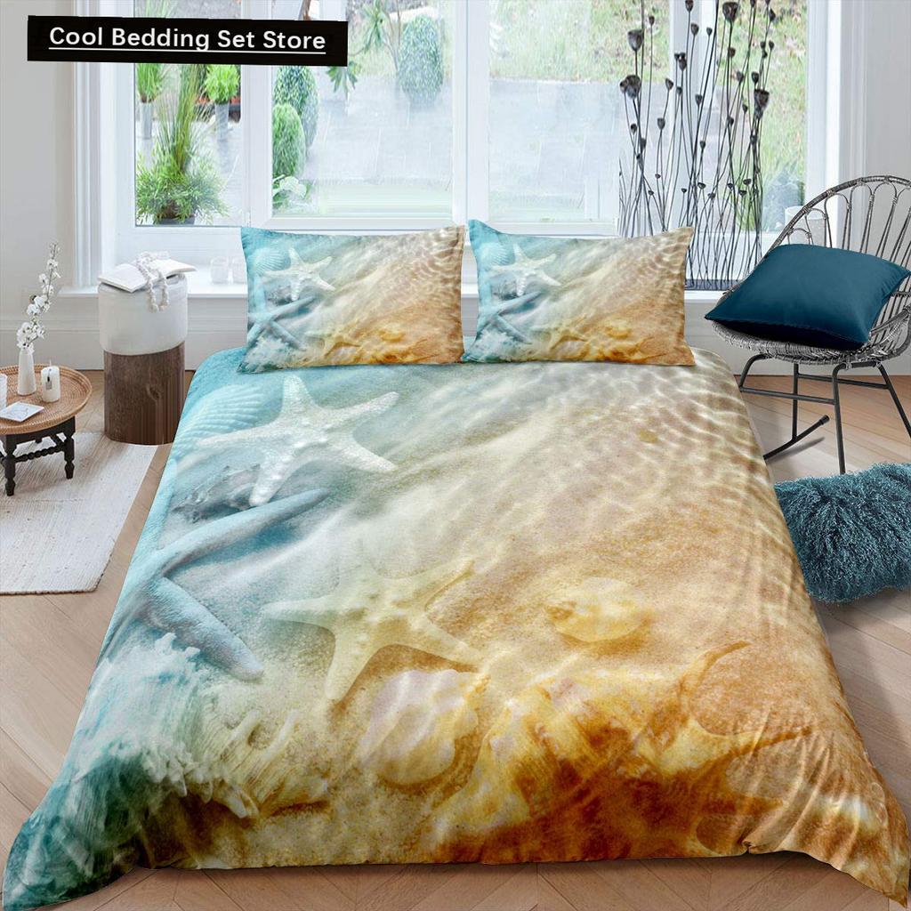 Beach Starfish Seashell King Queen Duvet Cover White Ocean Creatures Bedding Set Hawaii Quilt Cover Polyester Comforter Cover
