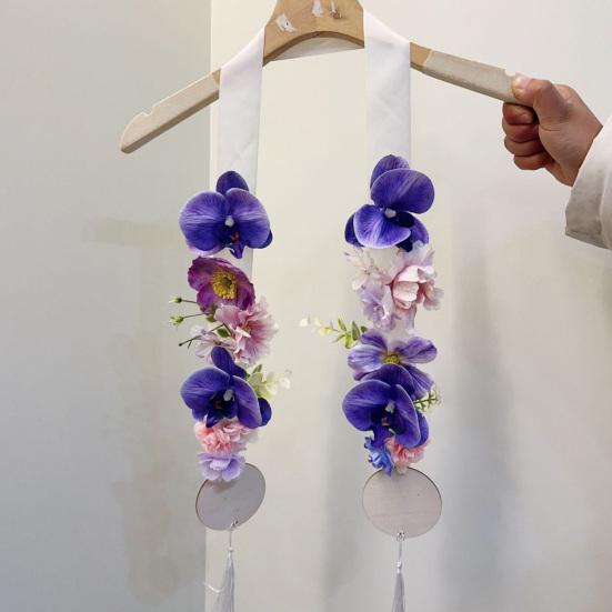 Floral Graduation Stole Handmade Custom Floral Belt with Realistic Faux Silk Flowers Phalaenopsis Roses Dahlias Personalized Engraved Tags Unique Grad